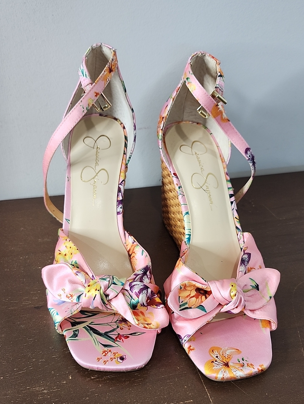 Jessica Simpson - Floral Pink Bow Wedge Sandals - Women - 7.5